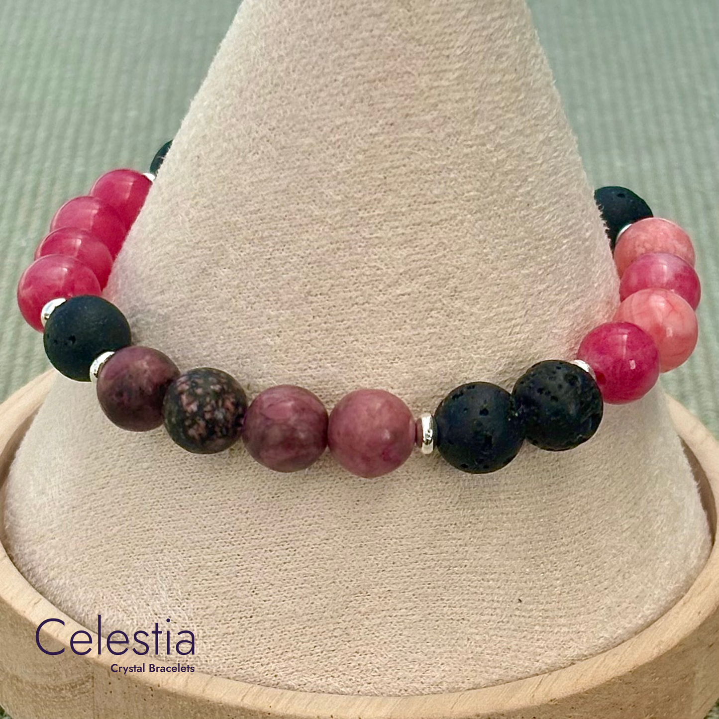 Rhodonite & Rhodochrosite Lava Bead Bracelet - Natural Stone Stacking Jewellery
