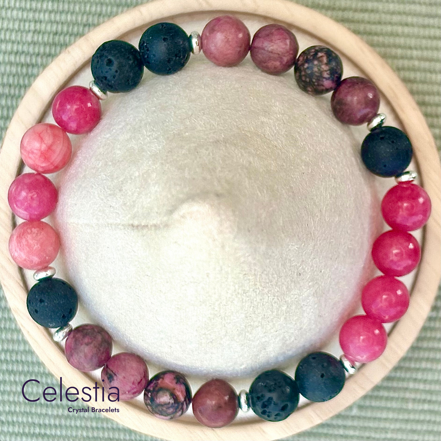 Rhodonite & Rhodochrosite Lava Bead Bracelet - Natural Stone Stacking Jewellery