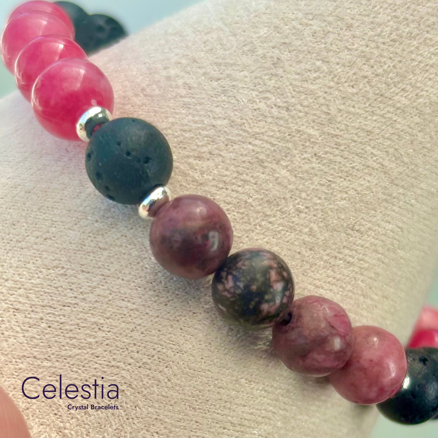 Rhodonite & Rhodochrosite Lava Bead Bracelet - Natural Stone Stacking Jewellery