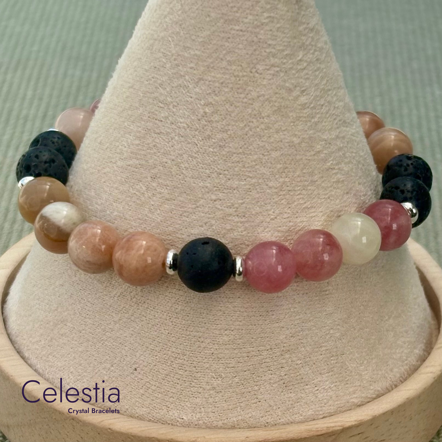 Sunstone & Moonstone Lava Bead Bracelet - Natural Stone Stacking Jewellery