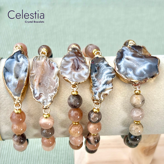 Agate Slice & Moonstone Gold Bracelet - Natural Stone Unique Jewellery