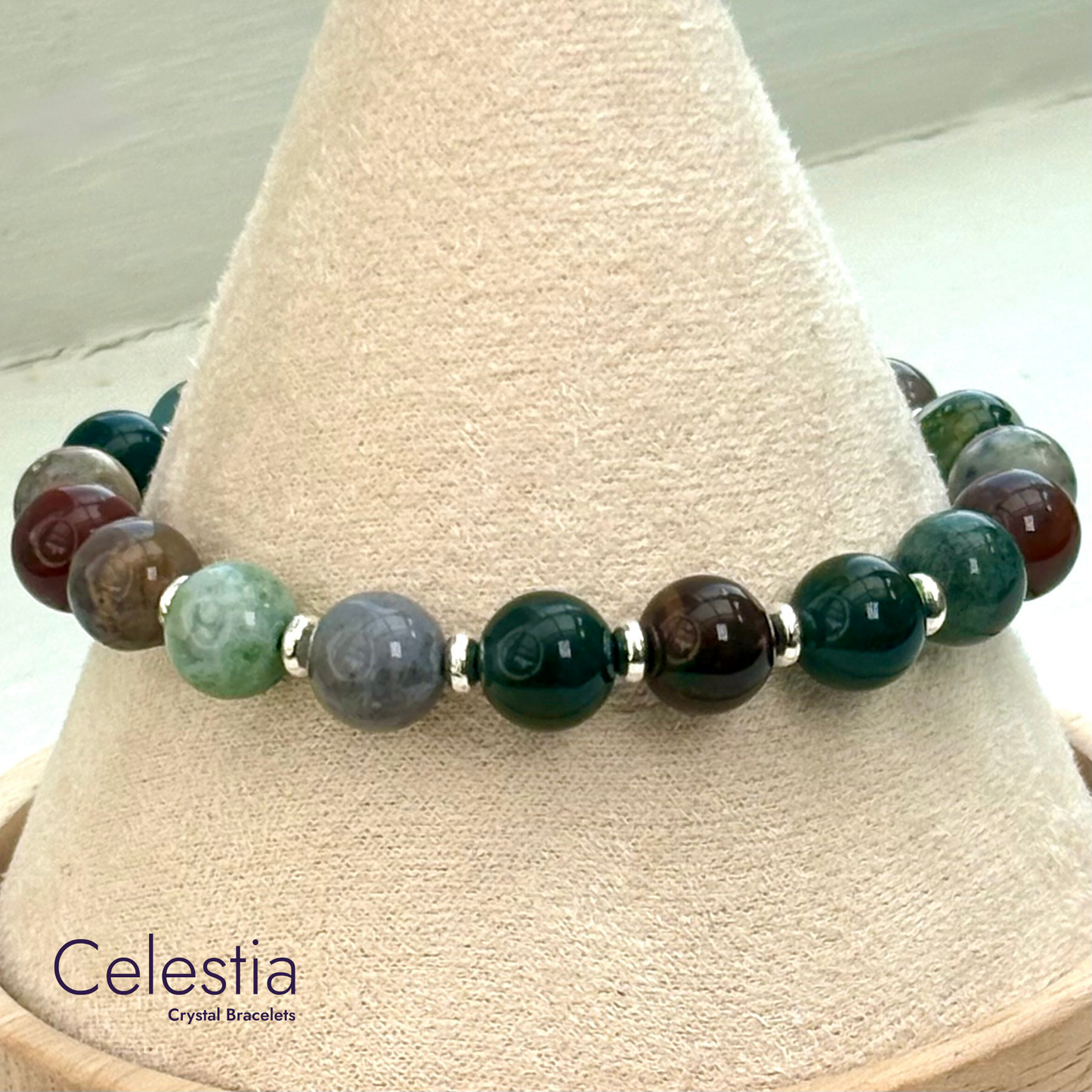 Indian Agate Silver Beaded Bracelet - Natural Stone Stacking Jewellery