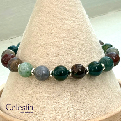 Indian Agate Silver Beaded Bracelet - Natural Stone Stacking Jewellery