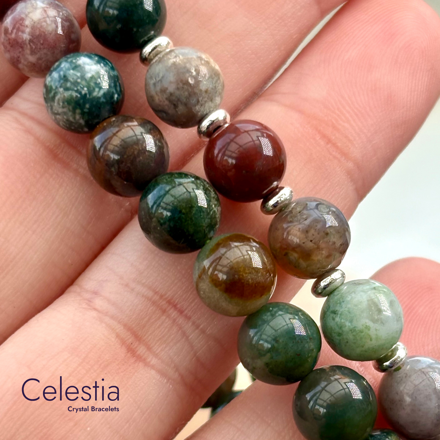 Indian Agate Silver Beaded Bracelet - Natural Stone Stacking Jewellery