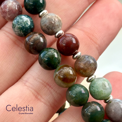 Indian Agate Silver Beaded Bracelet - Natural Stone Stacking Jewellery