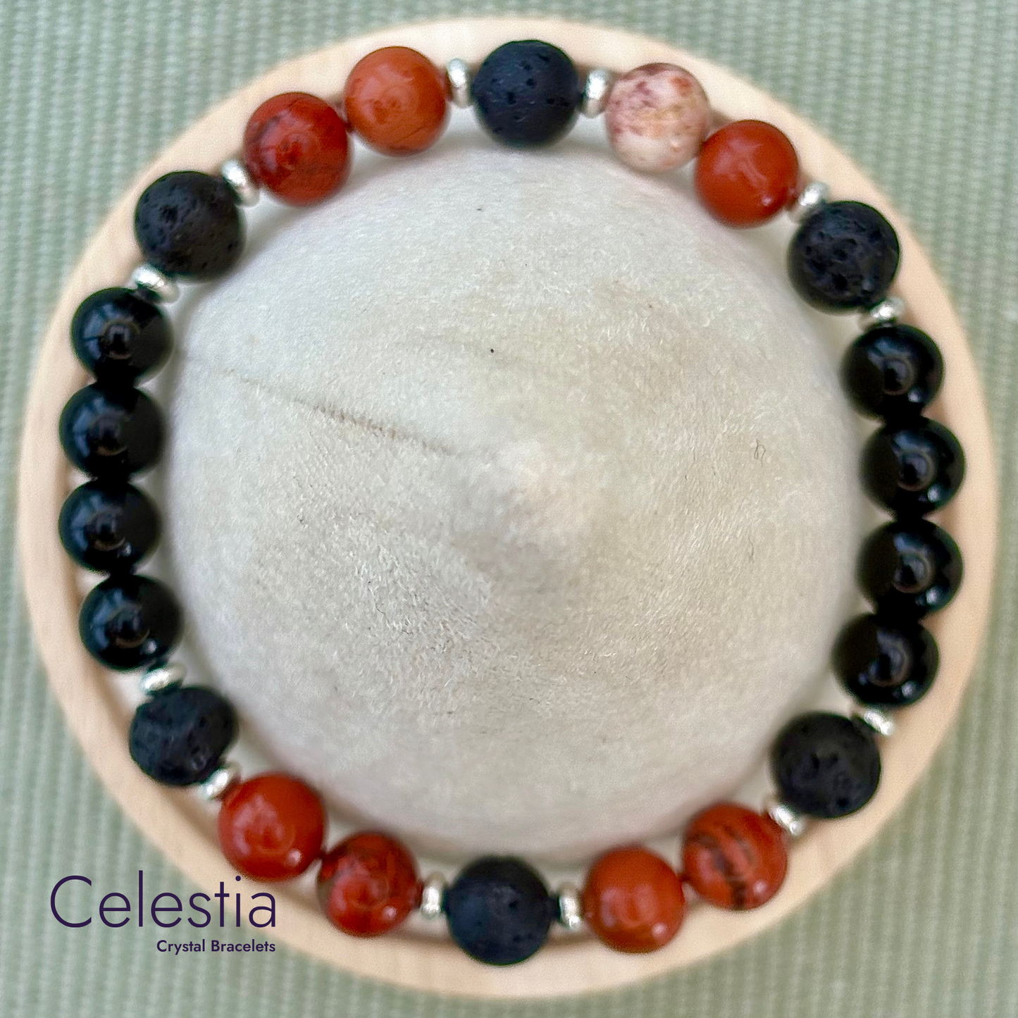 Red Jasper & Obsidian Lava Bead Bracelet - Natural Stone Stacking Jewellery