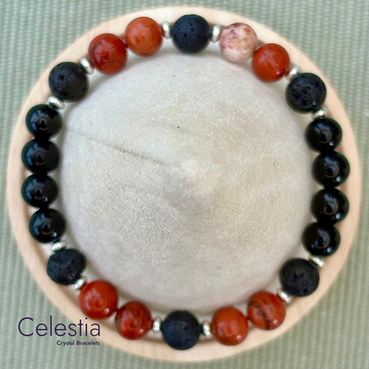 Red Jasper & Obsidian Lava Bead Bracelet - Natural Stone Stacking Jewellery