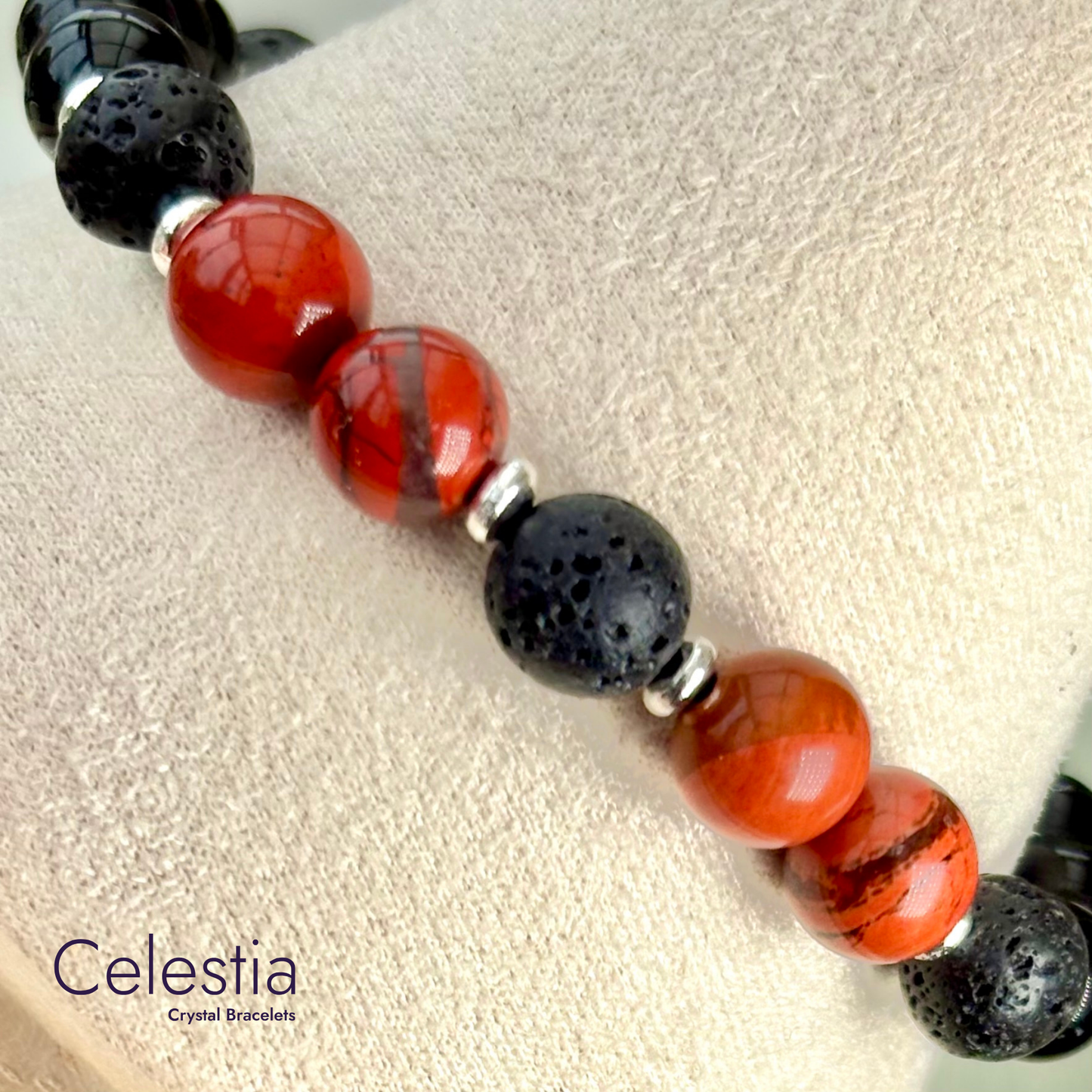 Red Jasper & Obsidian Lava Bead Bracelet - Natural Stone Stacking Jewellery