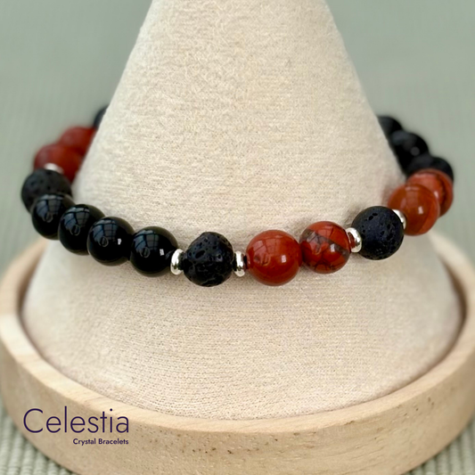 Red Jasper & Obsidian Lava Bead Bracelet - Natural Stone Stacking Jewellery