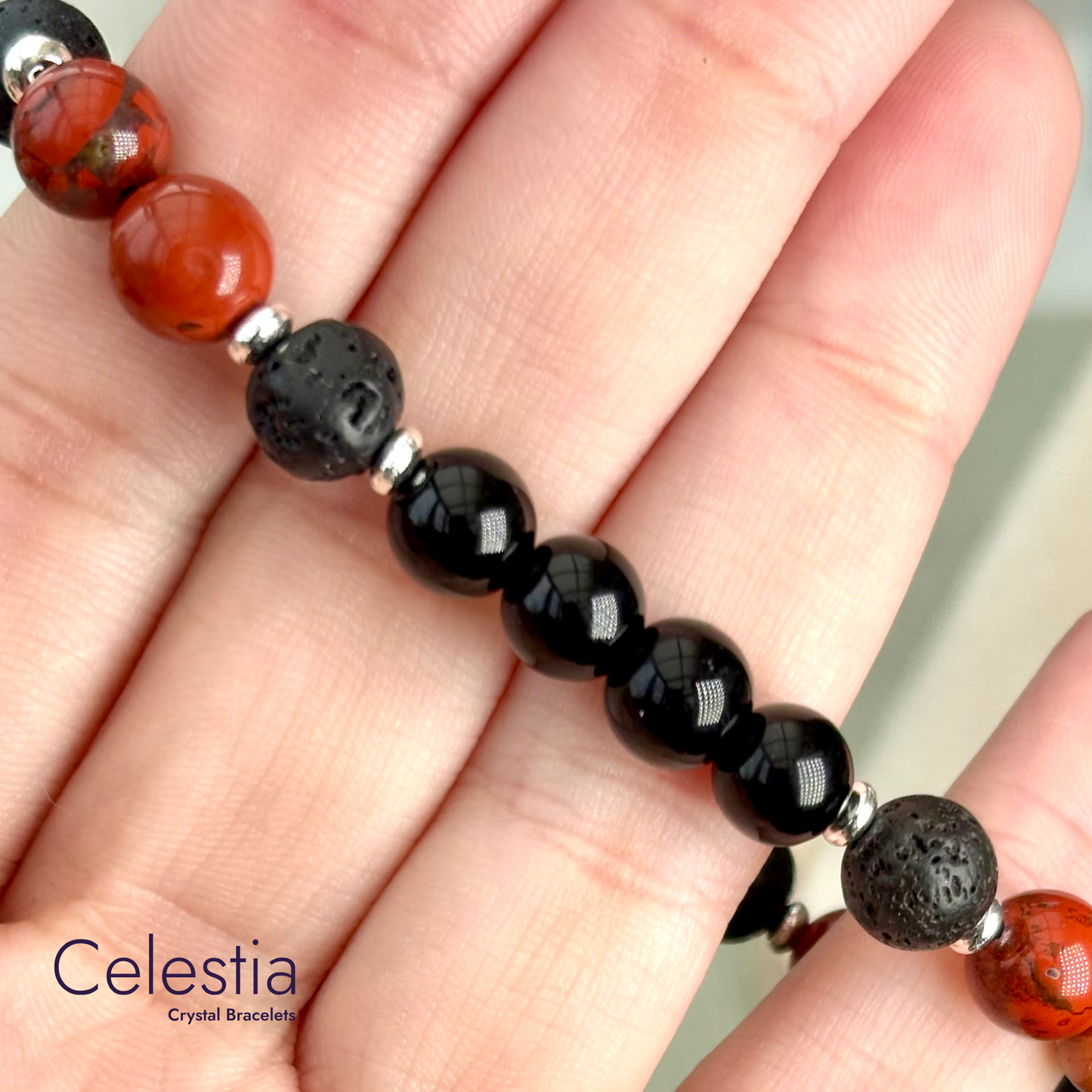 Red Jasper & Obsidian Lava Bead Bracelet - Natural Stone Stacking Jewellery