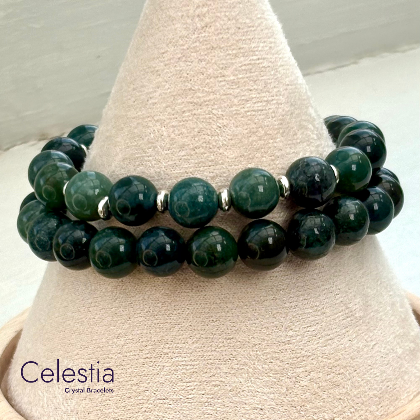 Moss Agate Silver Beaded Bracelet - Natural Stone Stacking Jewellery