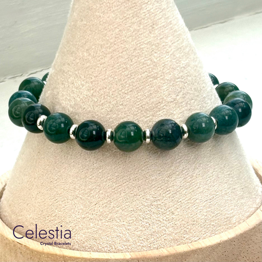 Moss Agate Silver Beaded Bracelet - Natural Stone Stacking Jewellery