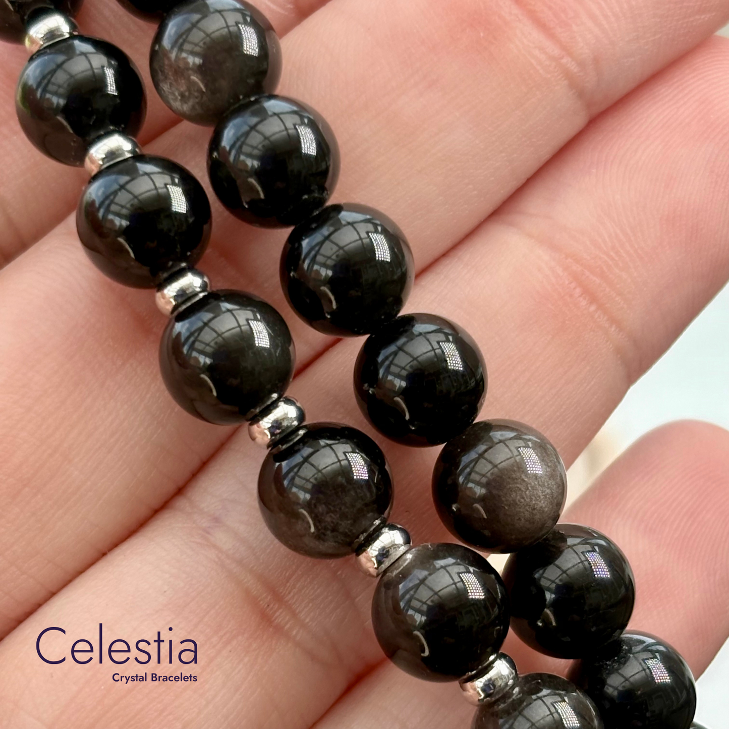 Silver Sheen Obsidian Silver Beaded Bracelet - Natural Stone Stacking Jewellery