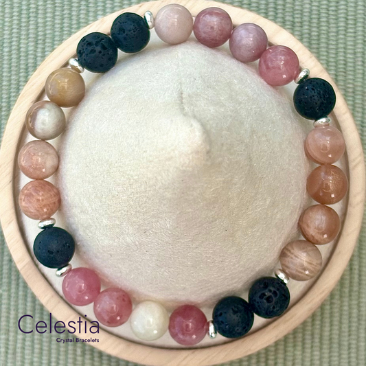 Sunstone & Moonstone Lava Bead Bracelet - Natural Stone Stacking Jewellery